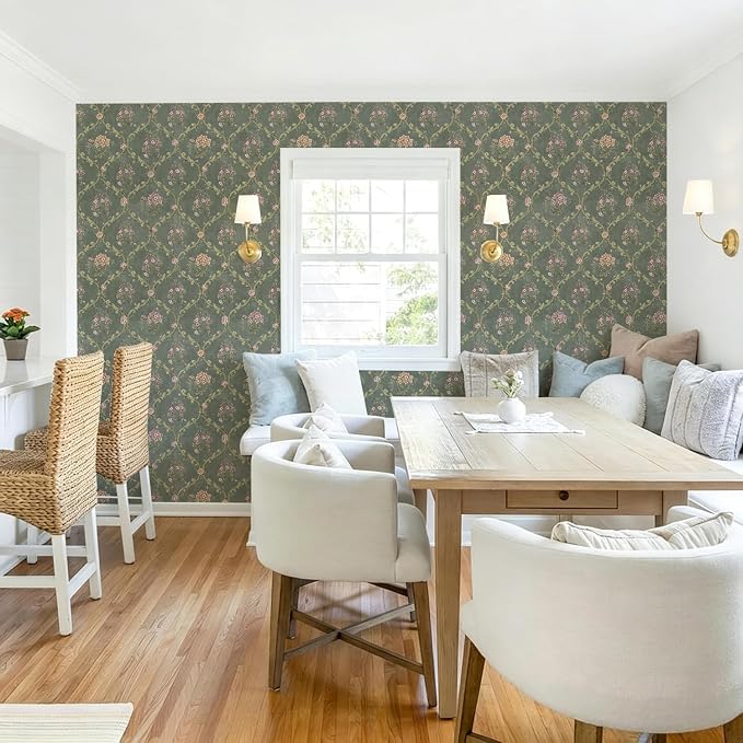 Dark Green Peel and Stick Wallpaper Floral Wallpaper 16.9in×118in | Self Adhesive Vintage Floral Wallpaper Removable Boho Contact Paper Green Wallpaper Waterproof for Bedroom Nursery Cabinets - Image 5