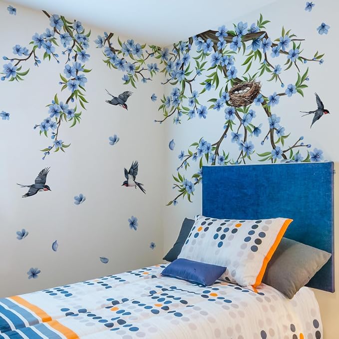 Blue Flower Wall Sticker Large Tree Branch Wall Decal Peel and Stick Floral Bird Wall Art Decor Hanging Flower Vine Wall Sticker for Living Room Bedroom - Image 2