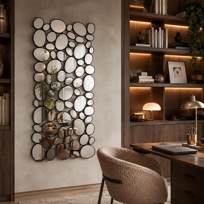 Black Mosaic Wall Mirror, 27.55" x 55" Large Pebble Geometric Decorative Mirror with 71 Irregular Mirror Pieces, Modern Accent Wall Decor for Living Room, Entryway, Bedroom, Hallway - Image 6