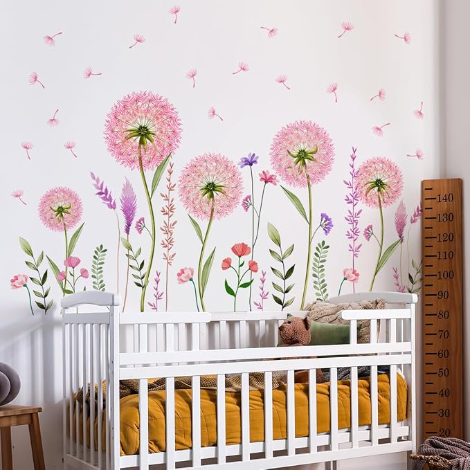 Pink Flower Dandelion Wall Stickers - Wildflower Fluffy Seed Soft Floral Wall Mural Peel & Stick Removable Wall Art Decals for Girl Bedroom Baby Nursery Kid Room,56 cm x 96 cm - Image 7