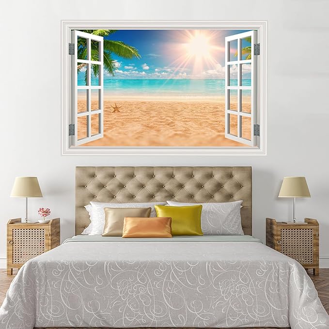 Fake Window Wall Decal- Summer Beach Ocean Palm Tree Open Wall Art Sticker | Faux Window Natural Scenery Landscape Mural ｜ Stick and Peel Wall Decals｜Room Bedroom Office Decor｜48"x32",Set of 2 Sheets - Image 6