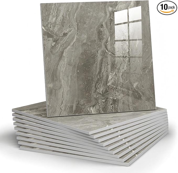Chejiaye 10pcs Marble Peel and Stick Backsplash Waterproof Washroom Wall Panels, Peel and Stick Tile, PVC Wall Panels for Kitchen (Grey Marble Tiles, 11.8" x 11.8" x2.5MM x 10Pack) by Chejiaye