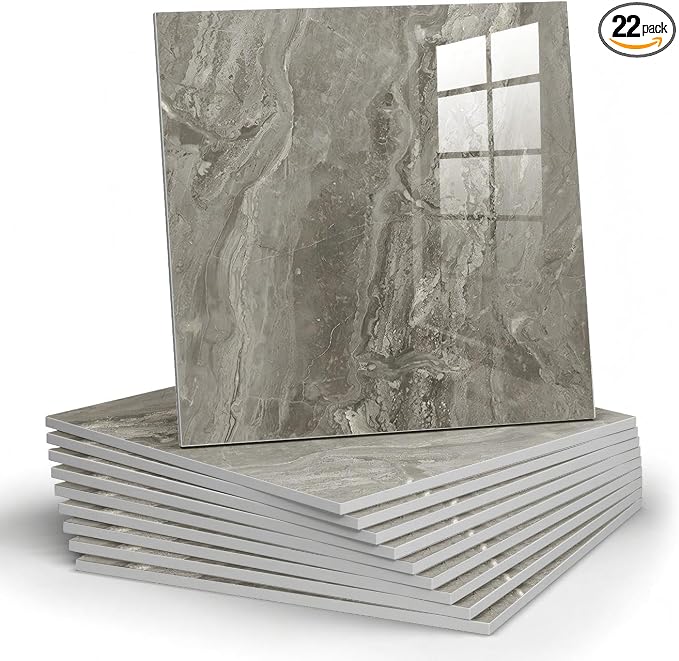 Chejiaye 22pcs Marble Peel and Stick Backsplash Waterproof Washroom Wall Panels, Peel and Stick Tile, PVC Foam Wall Panels for Kitchen,Bathroom,Living Room,Grey (Not Real Tile,11.8" x 11.8") by Chejiaye