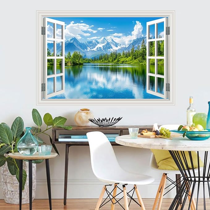 Large Murals 66"x48" Fake Window Wall Mural Sticker Mountain Lake Forest Tree Faux Window Wall Cling Art Picture Office Poster Decals Decor, Stick and Peel Landscape Natural Scenery Scene - Image 8