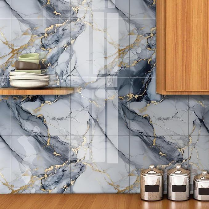 Chejiaye 10pcs Marble Peel and Stick Backsplash Waterproof Washroom Wall Panels, Peel and Stick Tile, PVC Foam Wall Panels for Kitchen,Bathroom,Living Room,Blue and Gold(Not Real Tile,11.8" x 11.8") - Image 3