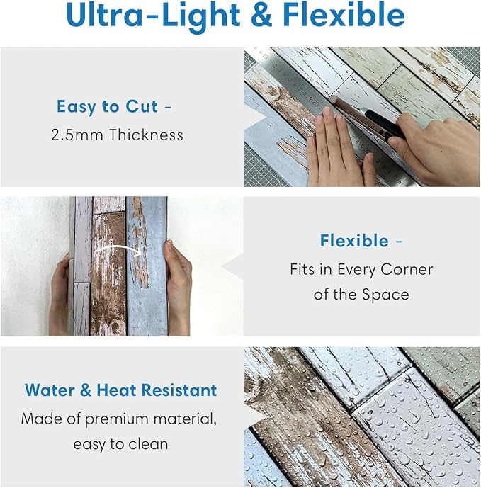 COMSTICKC 3D Faux Wood Wall Sticker Shiplap Peel and Stick for Wall Decor | 10 Pcs 11.8" x 11.8", Not Real Wood, Ultra-Light Thin PVC Fake Wood Decorative Panels for DIY Interior Decor, Cover 9.7 sq ft - Image 4