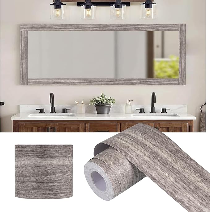 Alened 15M Grey Mirror Border Peel and Stick, Wood Grain Wallpaper Border by Alened
