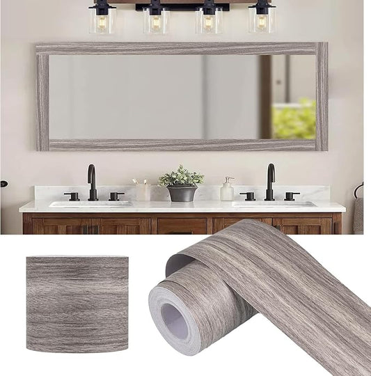 Alened 15M Grey Mirror Border Peel and Stick, Wood Grain Wallpaper Border by Alened