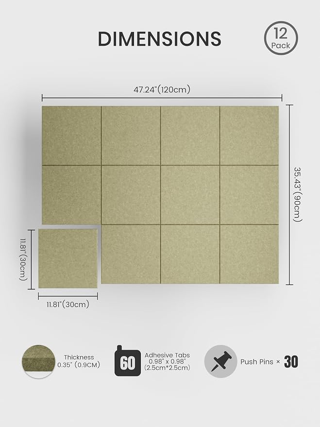 Bumusty 48"x 36" Large Felt Bulletin Board Tiles, Olive Green | 12-Pack Cork Board Alternative, Wall Decor, 30 Pushpins, 60 Adhesive Tabs, Vision Board, Office, Classroom, Home, Dorm - Image 2