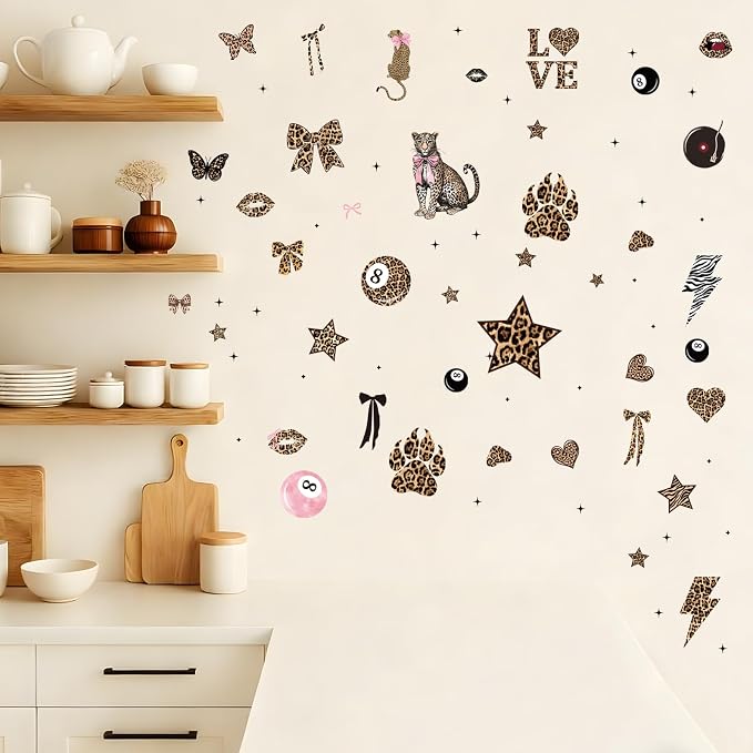 Wxiben 200 Pcs Cheetah Print Wall Decals Leopard Print Walls Stickers Decor | Cheetah Walls Decor for Room, Y2K Bow Star 8 Ball, Peel and Stick Wall Decals for Home Bedroom Living Room Apartment Dorm - Image 6
