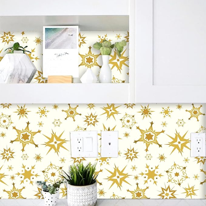 Gold and White Peel and Stick Wallpaper Retro Atomic Star Wallpapers Modern Self Adhesive Contact Paper Removable Mid Century Starburst Wall Art Mural Vinyl Film for Cabinet Drawer Bedroom Living Room - Image 4