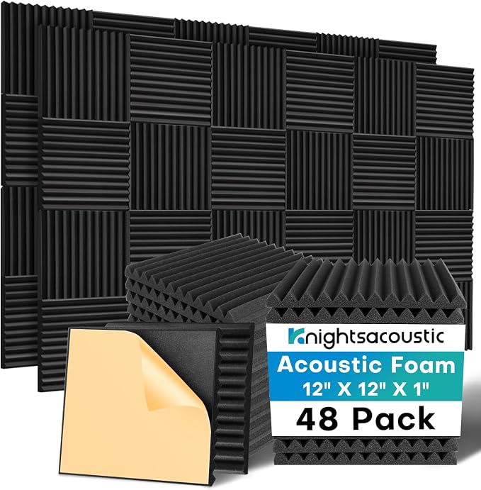 Knightsacoustic 48 Pack Sound Proof Foam Panels for Walls with Self Adhesive, 12x12x1 Acoustic Foam Panels, High Density Acoustic Panels Sound Absorbing, Fire Resistant Studio Sound Proofing Black by Knightsacoustic