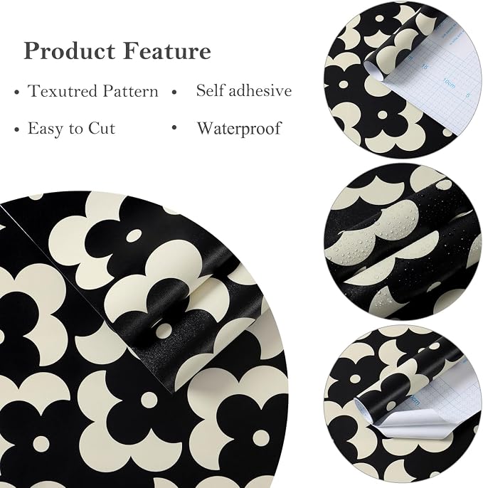 Ismoon Geometric Peel and Stick Wallpaper Boho Black and Beige Contact Paper 118"x17.3" Vintage Floral Wallpaper Removable Self-Adhesive Wall Paper Waterproof for Bathroom Wall Decor Vinyl - Image 4