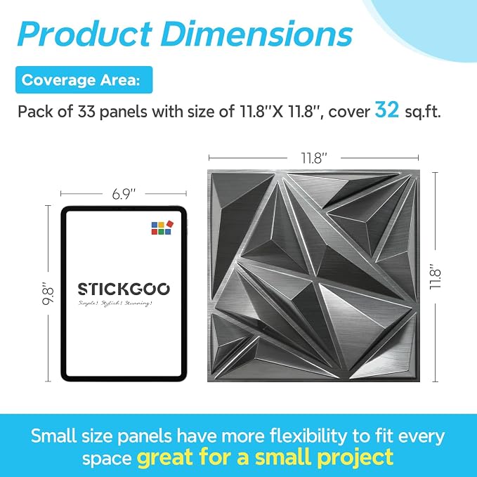 STICKGOO Diamond 3D Wall Panels, Brushed Silver 12''x12'', 33 Pack | Accent Wall Panels for Interior Wall Decor, Living Room, Bedroom, TV Background, Office, Cover 32 Sq.Ft - Image 3