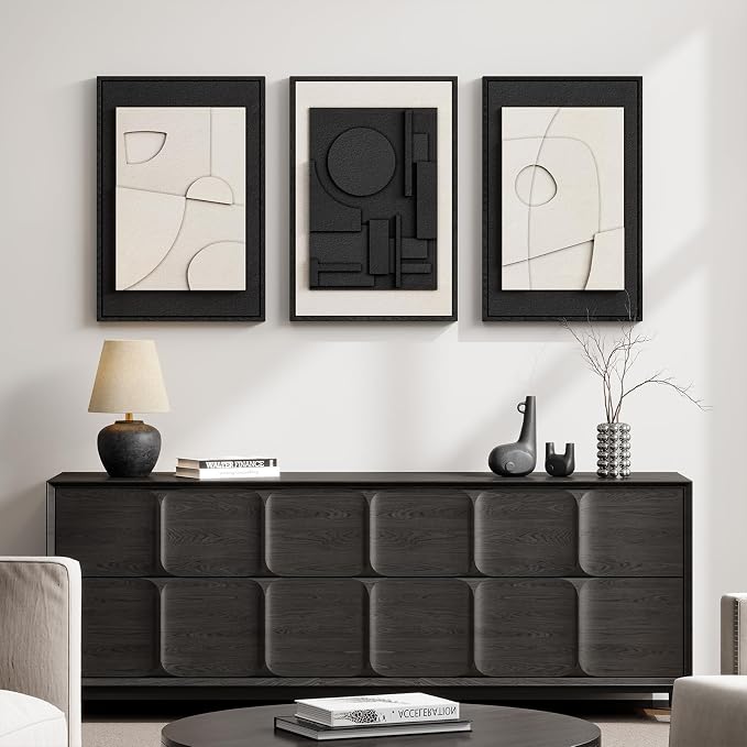 3D Textured Framed Black and White Abstract Wall Art Set of 3, 16x24 In | Solid wood frames, raised circles lines and blocks, modern minimalist wall decor for bedroom living room and dining room - Image 5