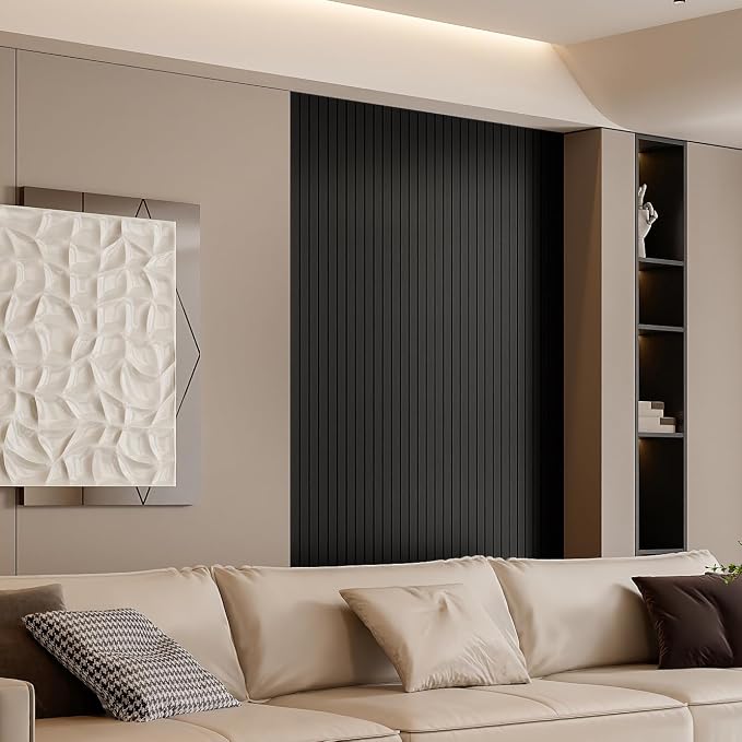 YLL YLL PVC Slat Wall Panel Peel and Stick 118"x 15.7" Faux Black Wood Grain Slat Panel Self-Adhesive Wallpaper Soundproof 3D Wall Panels - Image 3