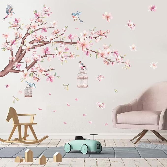 Cherry Blossom Flowers Wall Decals Decor Vinyl Stickers, Magnolia Floral Tree Branch Birds Wall Art Murals, Flower Pattern Wall Stickers for Girls Bedroom Living Room Nursery Decor - Image 2