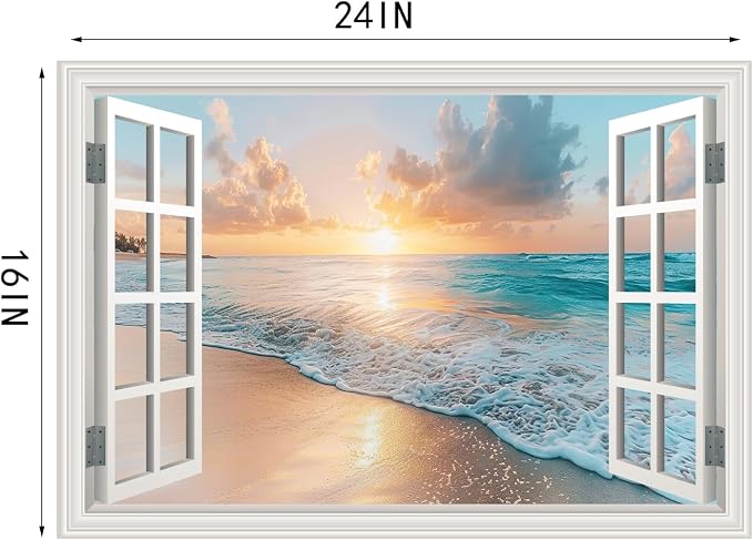 Fake Window Wall Mural Sunset Beach Scene, 24" x 16" | Faux Window Wall Sticker, Peel and Stick, For Office Home Room Decor, Art Poster - Image 6