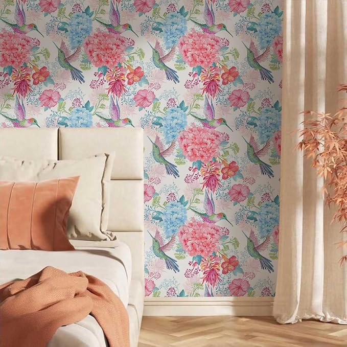 Vintage Pink Hydrangea Floral Hummingbird Birds Flower Peel and Stick Wallpaper Wall Decor Self Adhesive Wall Paper Stick on Easy Peel Off Contact for Renter Apartment - Image 2