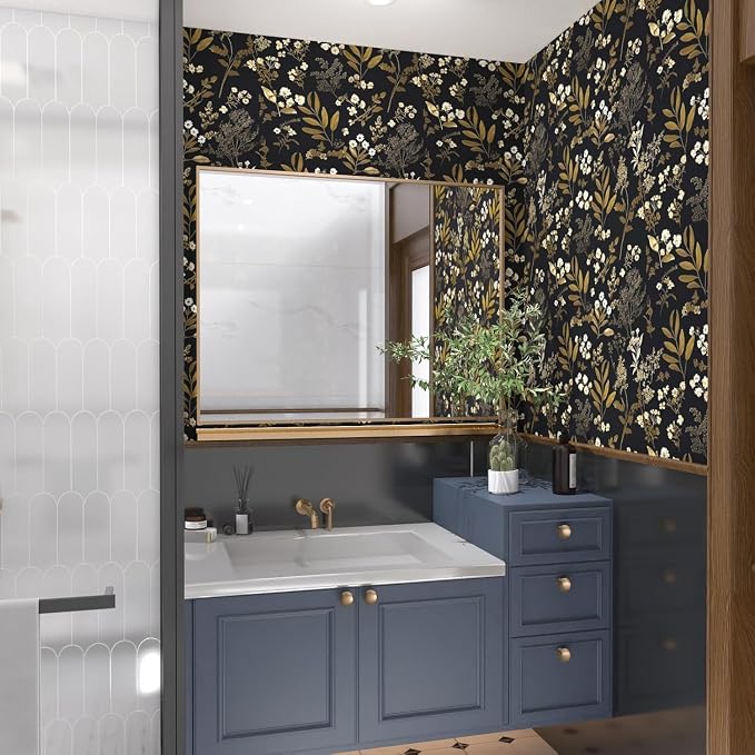 Laatse Vintage Floral Peel and Stick Wallpaper 17.5'' x 787'', Black Gold | Self Adhesive/Removable/Waterproof/Thick Vinyl Extra Long Contact Paper for Bathroom Bedroom Shelf Cabinet Drawer,Prepasted - Image 3