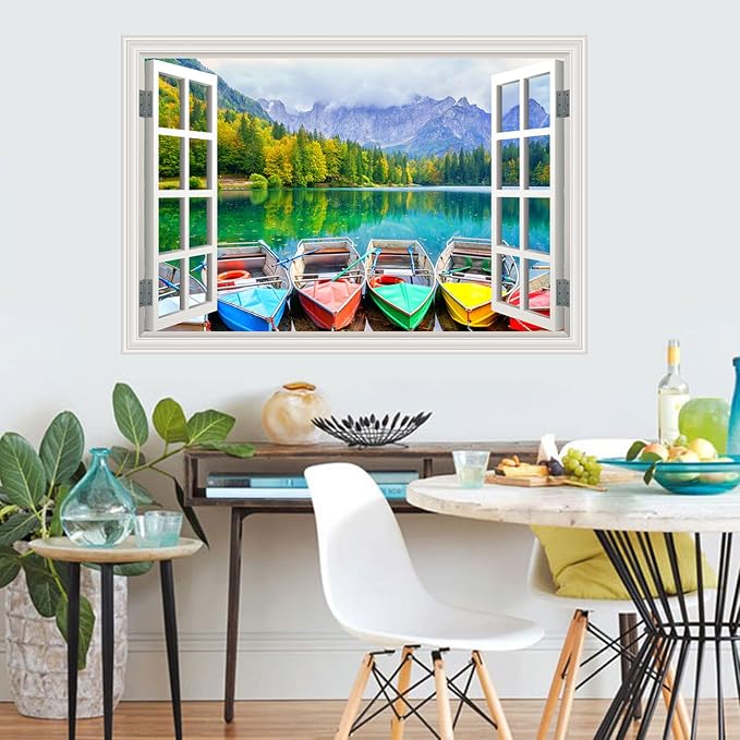 Fake Window Wall Decal- Far Mountains Forest Lakes Boat Open Art Sticker | Faux Window Natural Scenery Landscape Mural ｜ Stick and Peel Wall Decals｜Room Bedroom Office Decor｜48"x32",Set of 2 Sheets - Image 5