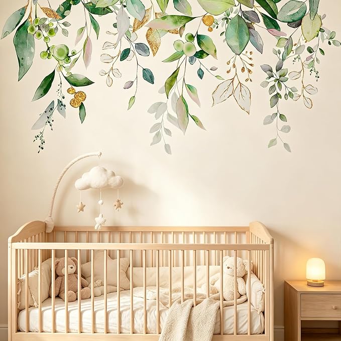 Boho Eucalyptus Gold Foil Hanging Vines Green Leaf Wall Decals Decor Art | Watercolor gold foil greenery peel and stick wall sticker, removable floral flower vinyl mural for living room bedroom - Image 5