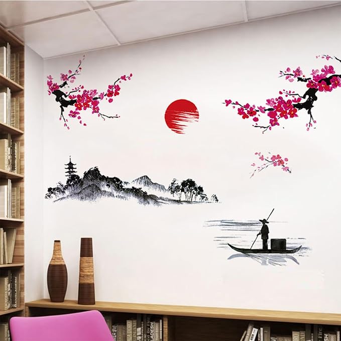 Large Japanese Wall Decor Stickers, BWCXXZH Red Cherry Blossom Tree Wall Murals Mountain River Fisherman Peel and Stick 3D Art Stickers for Girls Bedroom Nursery Living Room TV Home Decor - Image 4