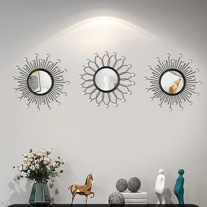 3 Pack Metal Mirrors for Wall Sunburst Wall Mirrors Home Décor Decorative Hanging Wall Art for Living Room Bedroom Entryway (Black Crystal, Flower+Sunburst) - Image 4