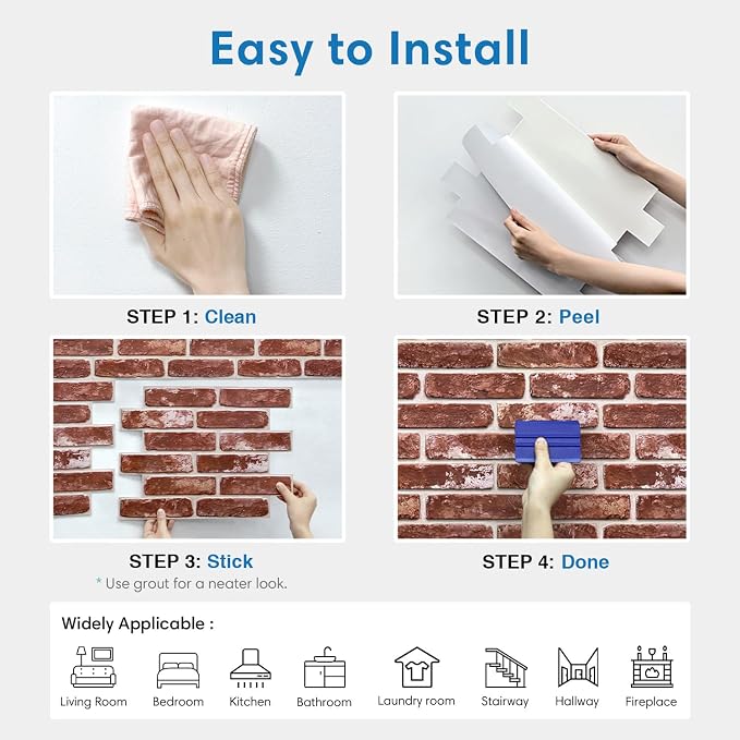 COMSTICKC 3D Faux Brick Wall Panels Peel and Stick, 10 Pcs 15.7" x 11.8" | Red, Not Real Brick, Lightweight Thin PVC Wallpaper, Fake Brick Wall Sticker for Quick DIY Wall Upgrades, Cover 12.9 sq ft - Image 8