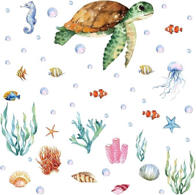 Large Summer Ocean Window Clings Decals, Watercolor Sea Turtle Jellyfish Bubbles Wall Stickers, Peel and Stick Ocean Anmial Wall Decor for Bedroom Bathroom Window School Nursery Decoration - Image 3