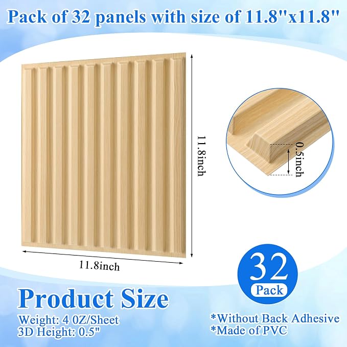 Nuanchu 32 Pcs 3D Wall Panels, 12"x12" PVC Fluted Tiles, Natural Oak | Waterproof Accent Panels, Paintable Wall Tiles, for TV Background, Bedroom, Bathroom, Gaming Room, Cuttable Home DIY Decor - Image 2