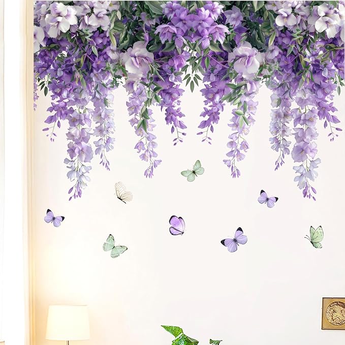 Purple Hanging Vine Wall Decals, Removable Wisteria Floral Vinyl Stickers, Flower Vine Butterfly Stickers Art Wallpaper for Home Clings Bathroom Bedroom Living Room Wall Corner Decor - Image 6