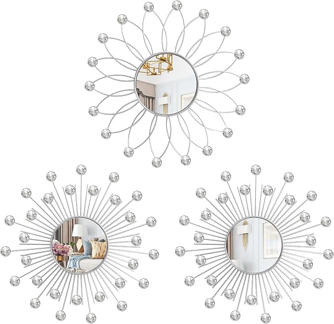 3 Pack Metal Mirrors for Wall Sunburst Wall Mirrors Home Décor Decorative Hanging Wall Art for Living Room Bedroom Entryway (Silver2 Crystal, Flower+Sunburst) by Uaussi