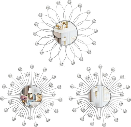 3 Pack Metal Mirrors for Wall Sunburst Wall Mirrors Home Décor Decorative Hanging Wall Art for Living Room Bedroom Entryway (Silver2 Crystal, Flower+Sunburst) by Uaussi