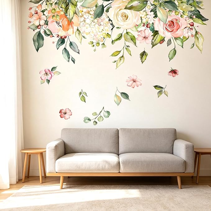 Watercolor Flower Floral Garland Wall Decal Wedding Bedroom Decor Sticker | Watercolor floral garland wall decal, romantic removable decor for bedroom living room bathroom,wedding backdrop bridal room by VePret