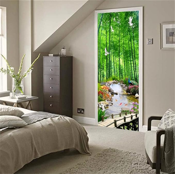 artfanke 3D Door Sticker Peel and Stick 33.5"x84.6"-Self-Adhesive Door Wallpaper Mural Decal-Green Bamboo Forest Doves Wall Poster for Bedroom Home Office Decor (2 Sheets/Set) - Image 5