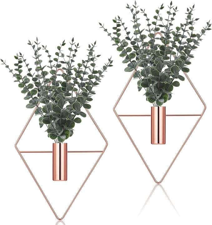 Jexine 8 Pcs Hanging Artificial Planters Wall Decor, Rose Gold, Eucalyptus | Bathroom Wall Decor, Geometric Metal Vase, Indoor Plants, Living Room, Home Office, Entryway, Boho Accent, Wall Mounted by Jexine