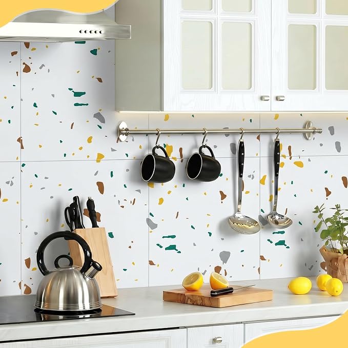 Nuanchu 36 Pcs Peel and Stick Shower Waterproof Tiles Wall Panels 12 x 12 Inch Self Adhesive Backsplash with Ruler Knife & 2 Scrapers for Washroom Bathroom Living Room, Not Real Tile (Color Dots) - Image 5