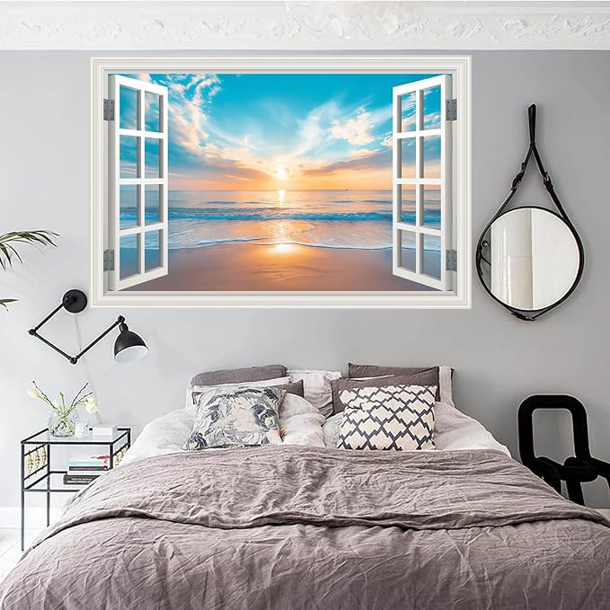 Fake Window Wall Decal Summer Ocean Beach Seascape Faux Window Poster Sticker Picture Open Wall Art Decor, Stick and Peel Landscape Natural Scenery Sunset Coastal Canvas Scene Mural（48"x32"） - Image 8