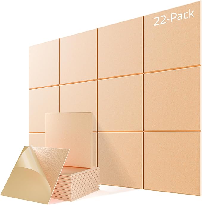 22 Pack Self-Adhesive Acoustic Panels, 12" X 12" X 0.4" High-Density Sound Proof Foam Panels for Walls, Soundproof Wall Panels for Home & Office (Apricot Pink) by Lebenforce