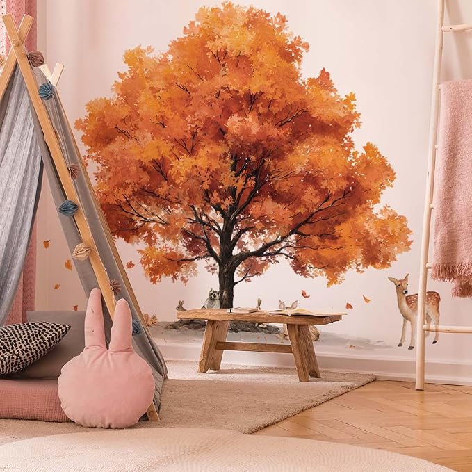 Autumn Tree Wall Decals Woodland Animal Wall Sticker Large Fall Orange Tree Vinyl Mural with Deer Fox Rabbit Squirrel Raccoon Removable Nature Wall Art for Nursery Playroom Bedroom Living Room Class - Image 7