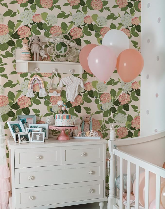 Floral Peel and Stick Wallpaper Self Adhesive Hydrangea Wall Paper French Country Cream Stick on Wallpaper for Bedroom Wall Decor Elegant Mural (Blush Hydrangea, 472.44“ X 17.4") - Image 2