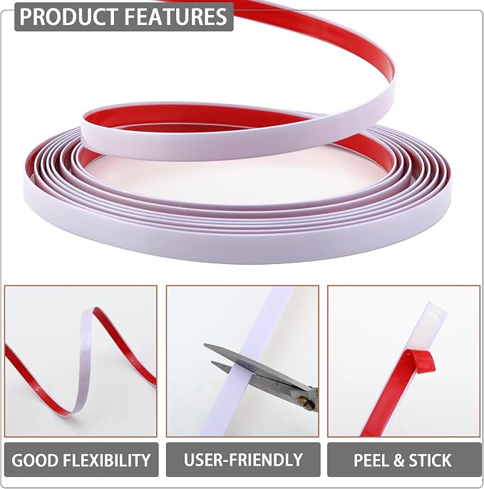 QDYMXUN Glossy White Peel and Stick PVC Molding Trim, Flexible DIY Wall Accent Strip for Mirror Frame, Cabinet, Edges & Borders and Tiles (197"L x 0.4"W) - Image 3