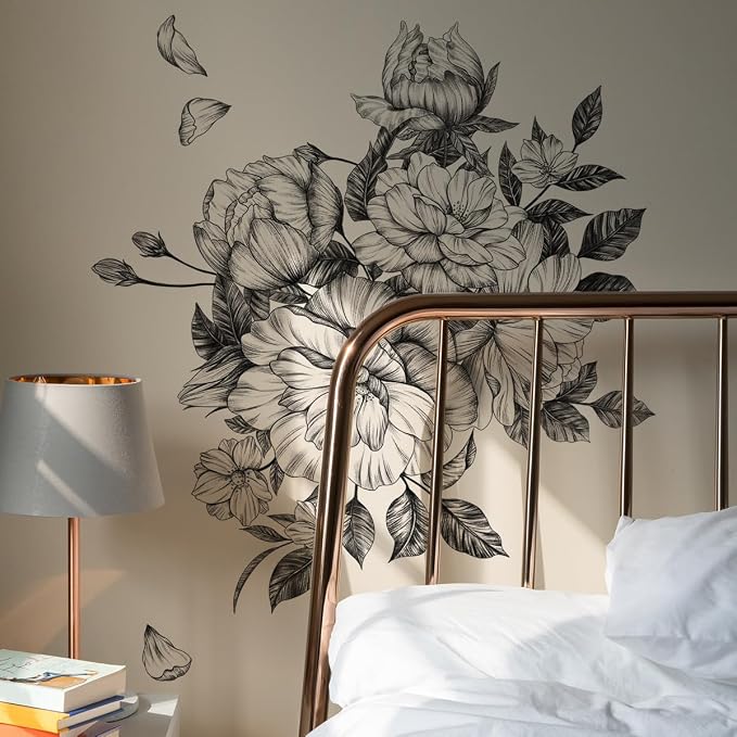 Runtoo Black and White Floral Wall Decals Peony Flower Wall Stickers Living Room Bedroom Office Wall Decor - Image 3
