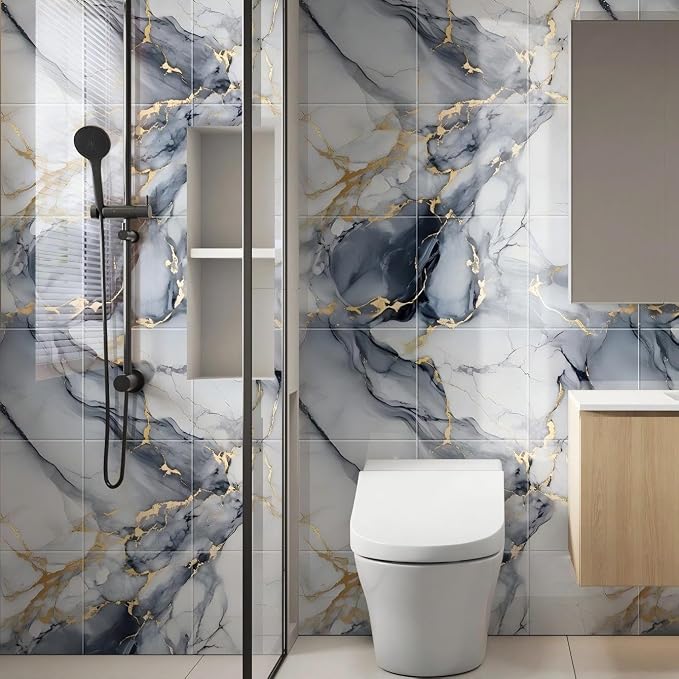 Chejiaye Peel and Stick Marble Wall Panels 11.8"x11.8"- Waterproof Self-Adhesive for Interior Wall Decor,PVC Foam Backsplash Tile for Kitchen,Bathroom,Bedroom,Blue&Gold(Not Real Tile,10PCS) - Image 3