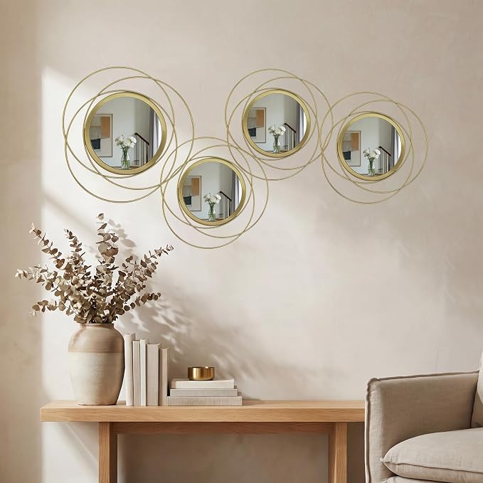 4 Piece Gold Round Wall Mirror Set Modern Metal Circles for Home Decor - Image 4