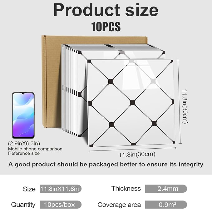 Chejiaye Peel and Stick Backsplash Tiles 10-Pack - White Geometric Self-Adhesive PVC Wall Panels, Waterproof Kitchen Backsplash Stick on Tile for Kitchen,Bathroom, Laundry Room Walls (11.8"x11.8") - Image 4