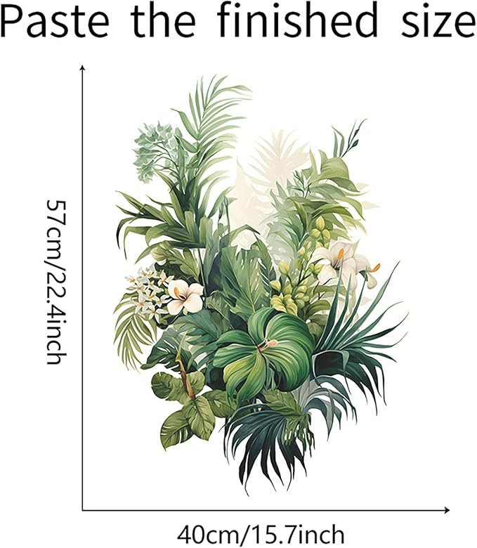 Botanical Wall Decals with Palm Leaves Lush Green Foliage White Flowers Removable Peel and Stick Wall Art 22.4x15.7 inches for Living Room Nursery Home Decor - Image 2
