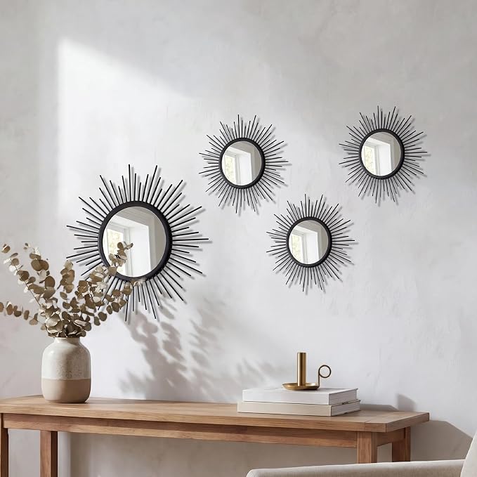4 Pieces Gold Sunburst Wall Mirror Set Modern Metal Circles for Home Decor - Image 5