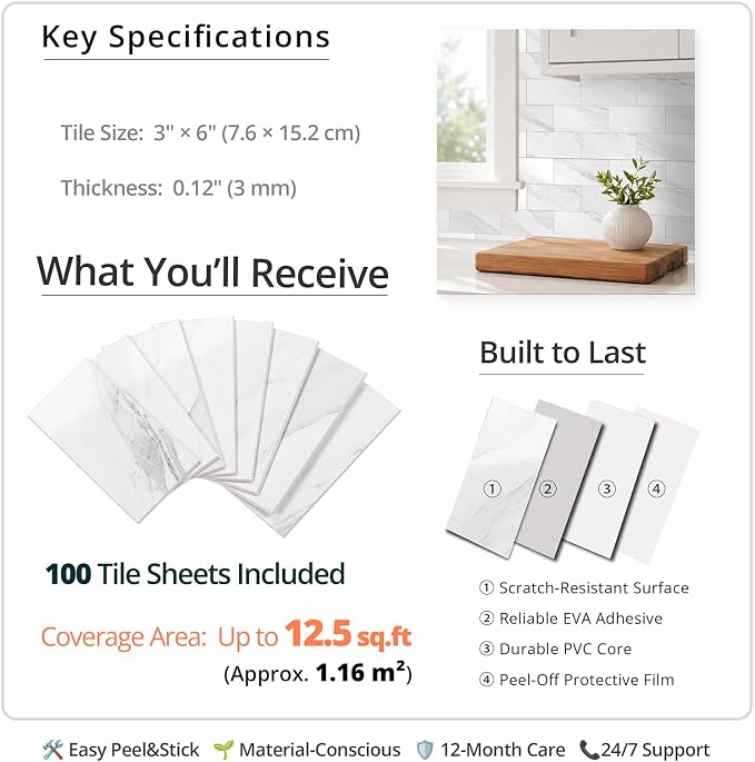 StyloVue 100 Pieces Peel and Stick Backsplash for Kitchen, 3" x 6" PVC Subway Tile, 2026 Upgraded Sparkle White Marble, Stick on Wall Tile for Kitchen, Bathroom, Fireplace, RV - Image 4
